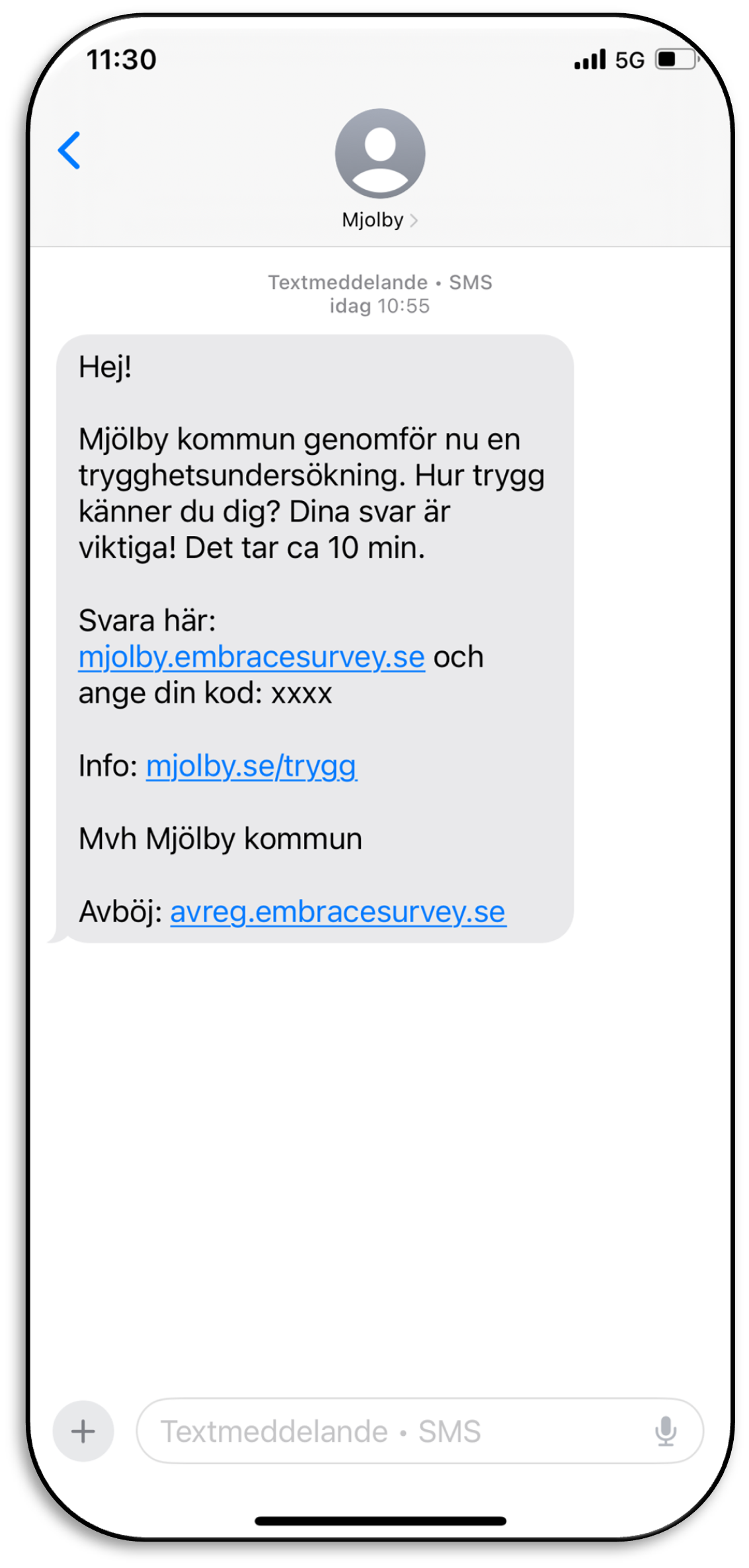 Bild på hur sms:et från Mjölby kommun ser ut i mobilen
