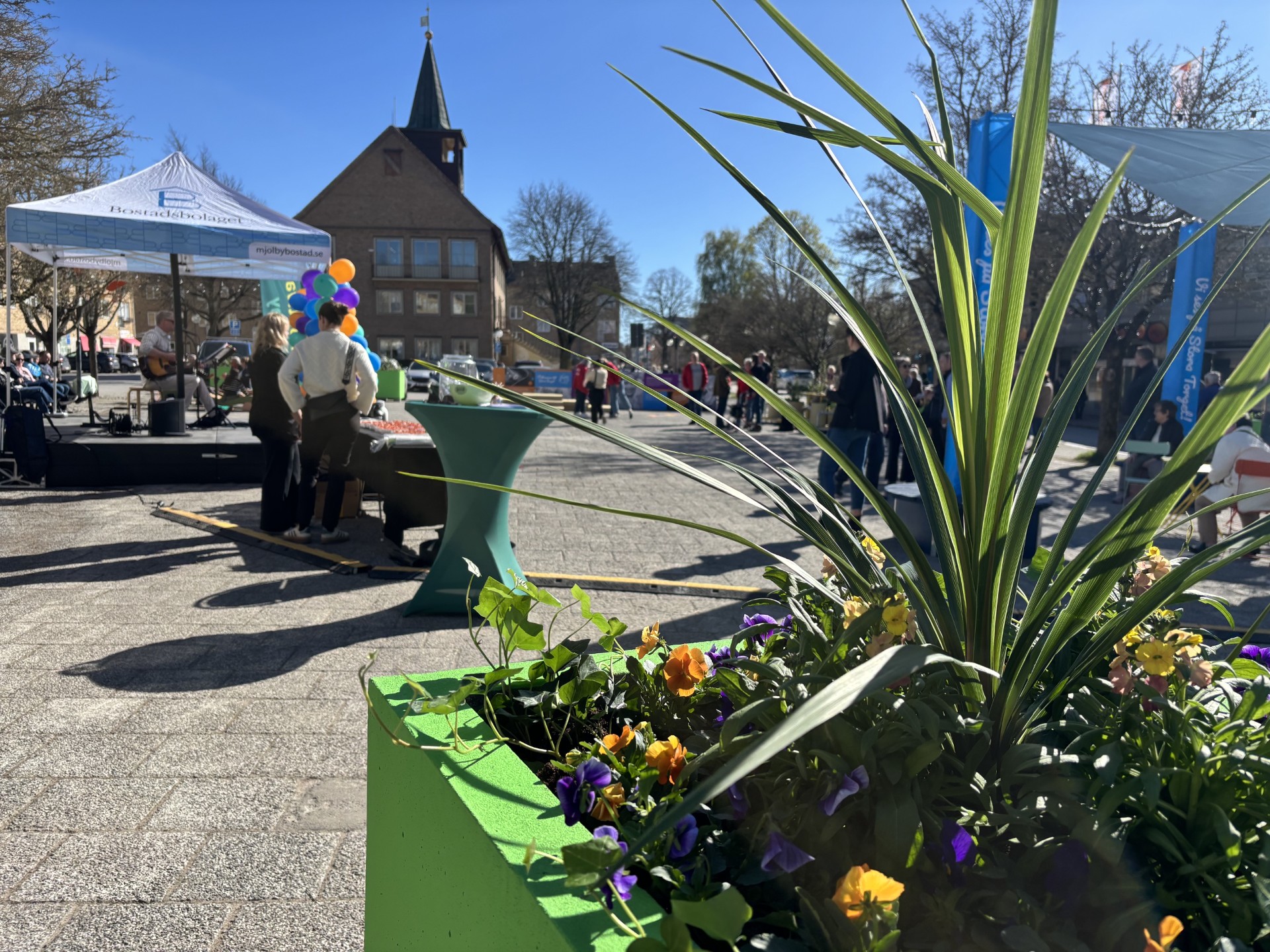Stora torget i bakgrunden och plantering i förgrunden'